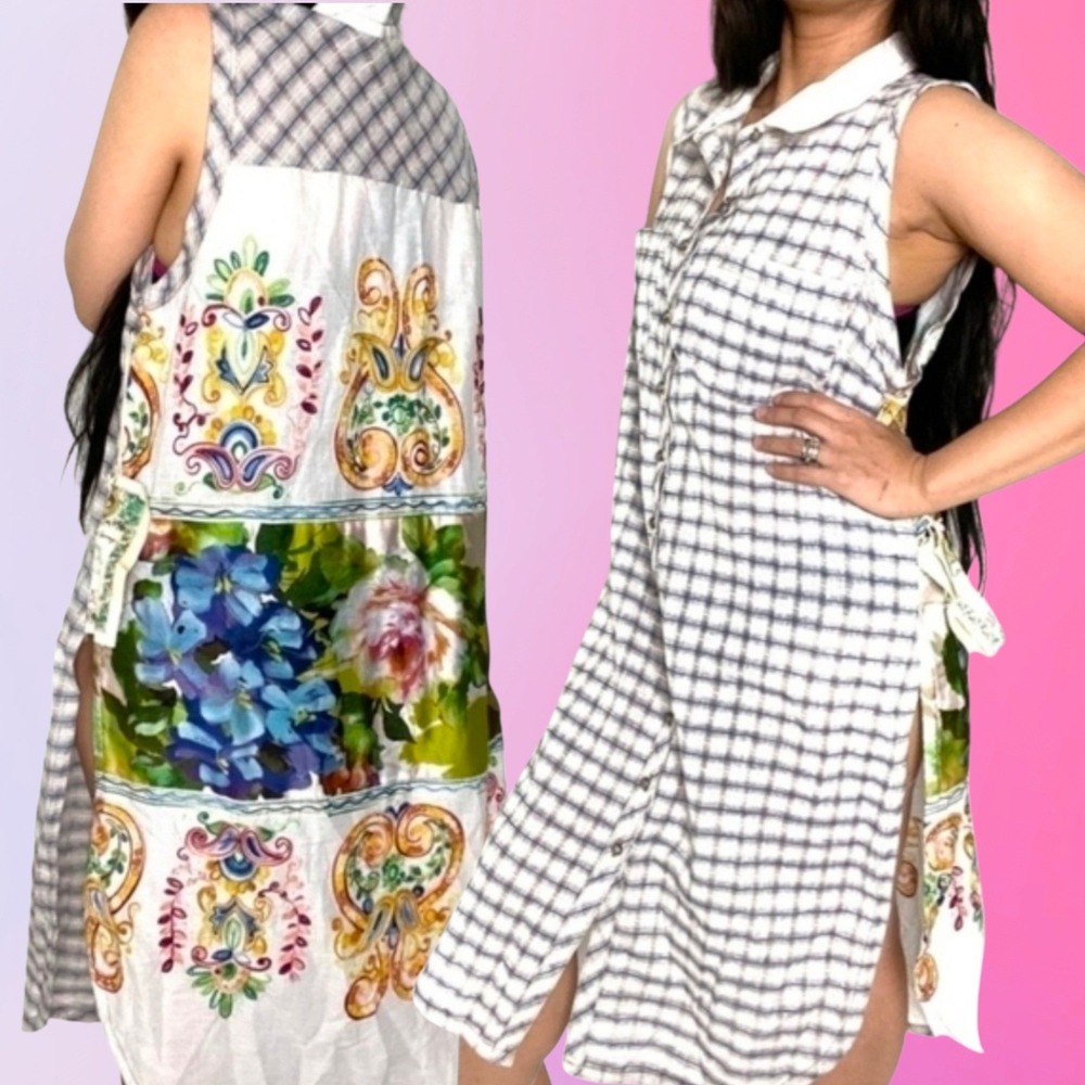 Cyrena Sleeveless Tunic Womens Mixed Media Floral Embroidered Striped Blue XL